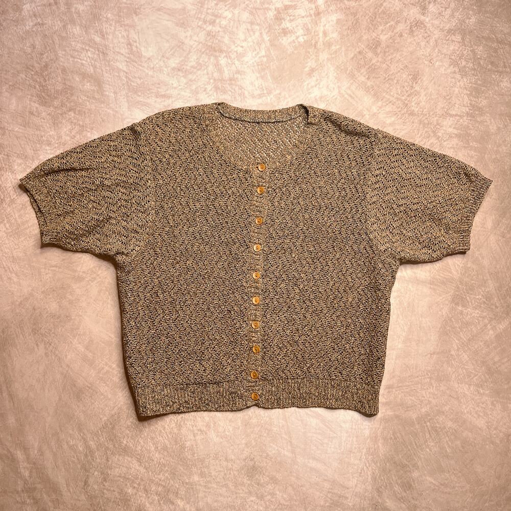 Vintage 90s Short Sleeve Button Up Cardigan Light Brown Zig Zag Crochet Knit Y2K